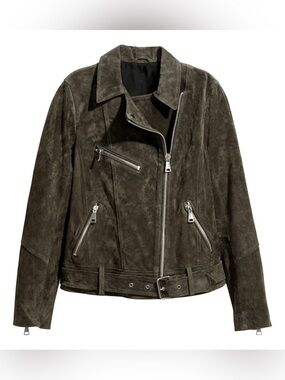 H&M Olive Green Suede Moto Jacket with Silver Zippers